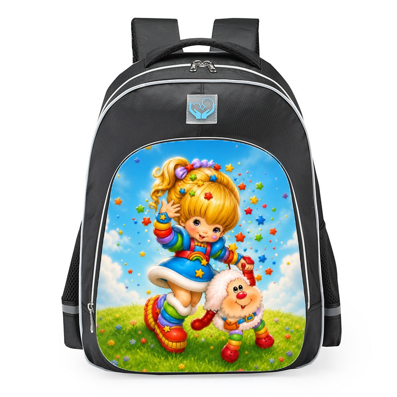 Rainbow Brite And Twink Waving In Colorful Starry Sky School Backpack 16inches Black