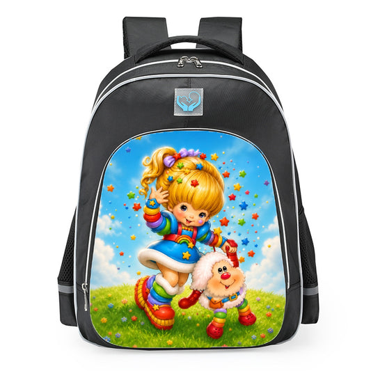 Rainbow Brite And Twink Waving In Colorful Starry Sky School Backpack 16inches Black