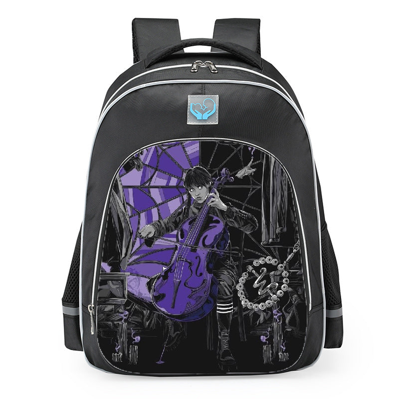 Wednesday Addams Cello Playing Purple Spiderweb Window School Backpack 16inches