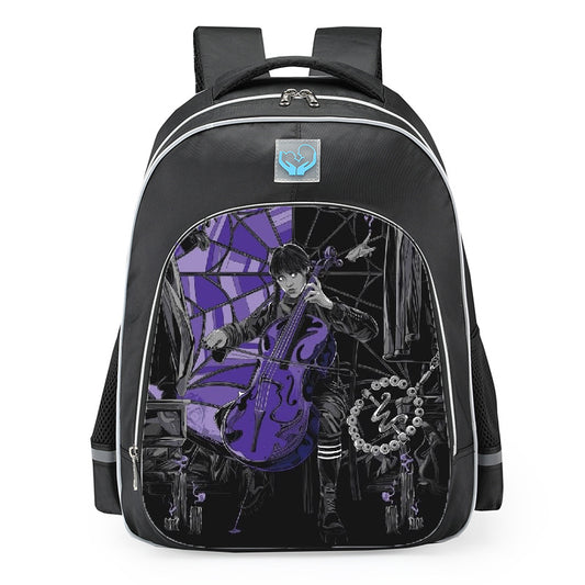 Wednesday Addams Cello Playing Purple Spiderweb Window School Backpack 16inches
