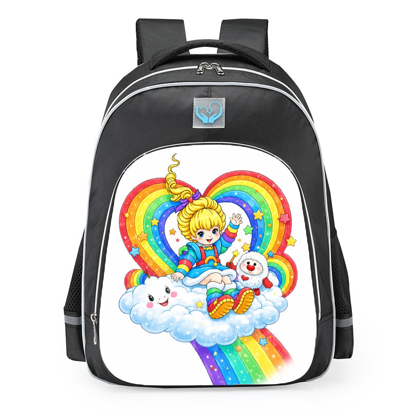Rainbow Brite Sitting On A Cloud With Heart Rainbow School Backpack 16inches Black
