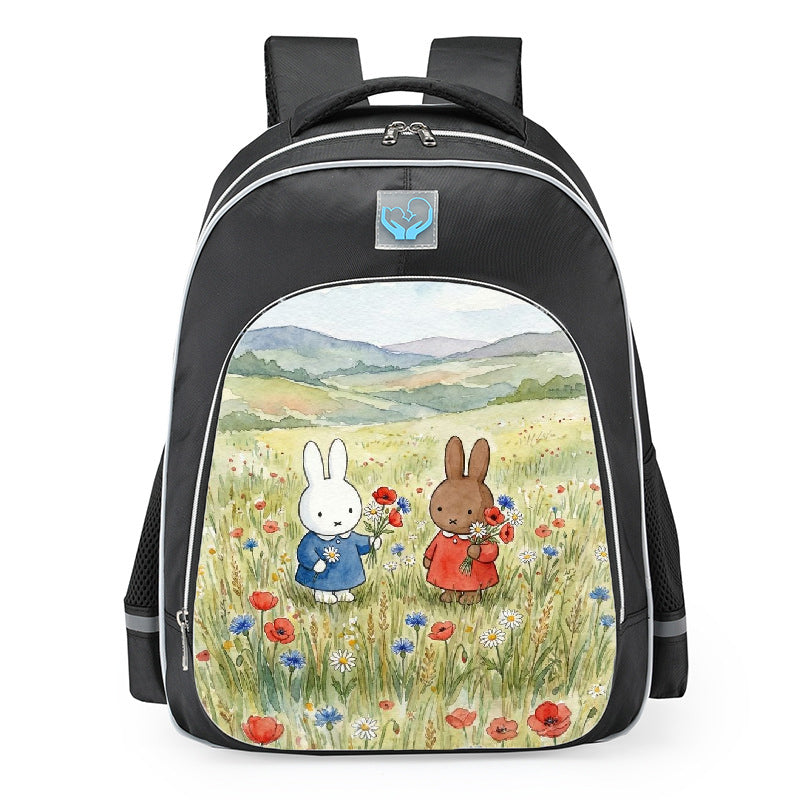 Miffy And Melanie Wildflower Field Aesthetic School Backpack 16inches Black