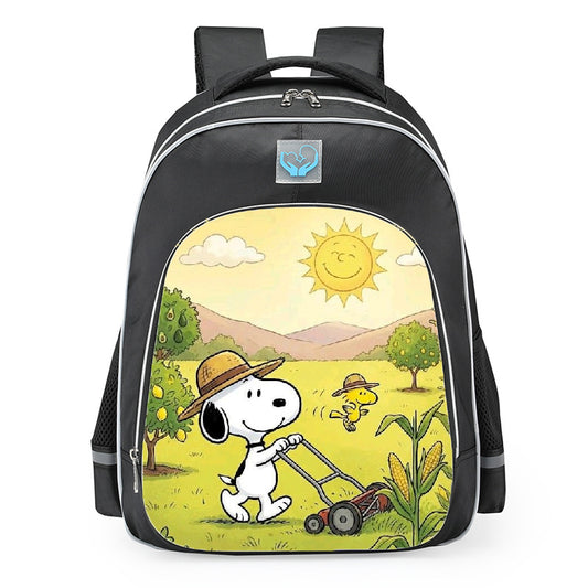 Snoopy Woodstock Lawn Mower Farming Field School Backpack 16inches Black