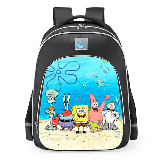 SpongeBob Character Group Lineup Bikini Bottom School Backpack 16inches Black