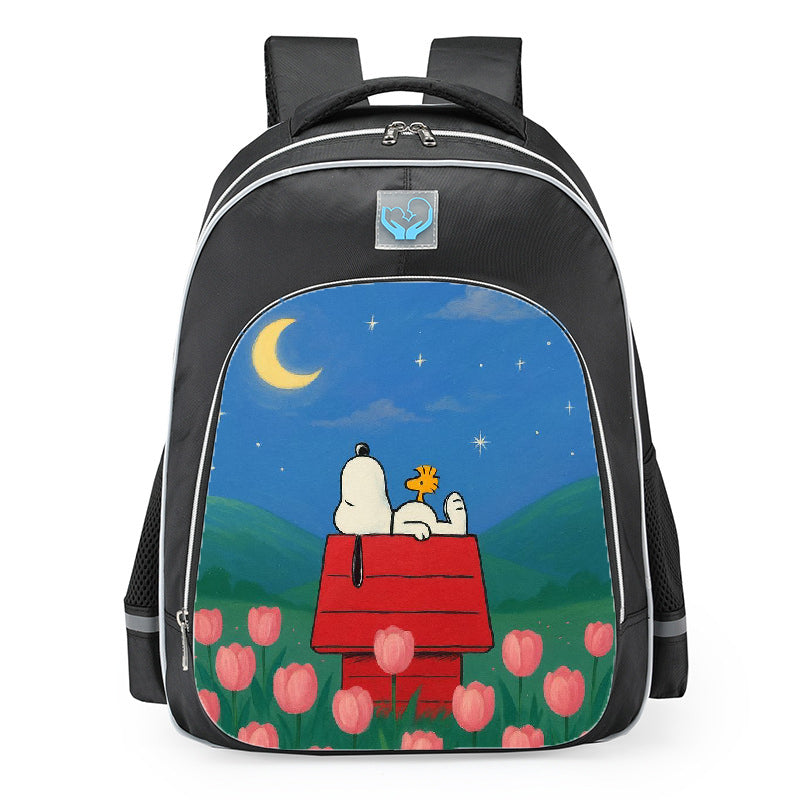 Snoopy Woodstock Red Doghouse Pink Tulip Field School Backpack 16inches Black
