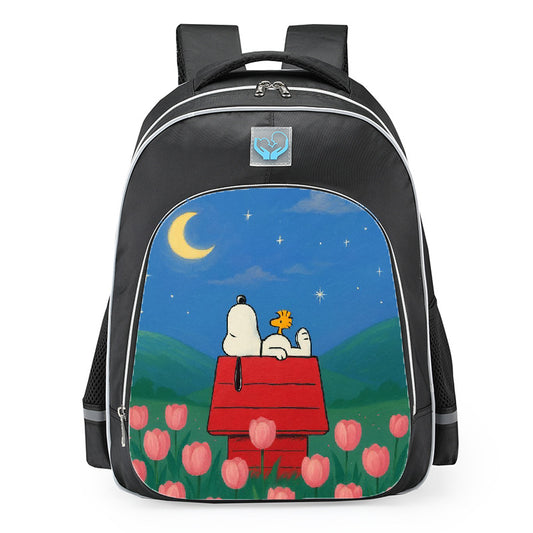 Snoopy Woodstock Red Doghouse Pink Tulip Field School Backpack 16inches Black