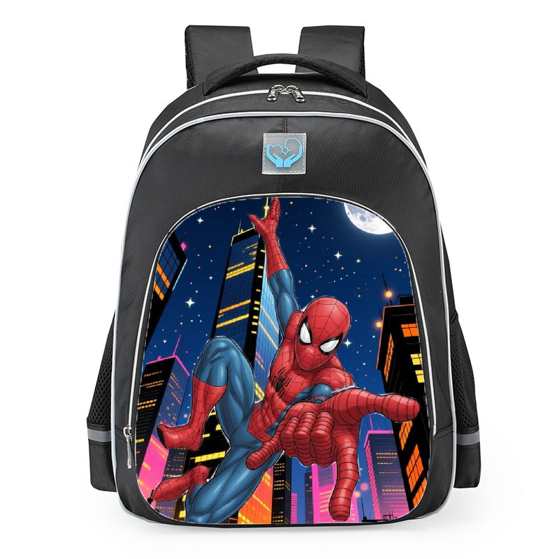 Spider Man Web Swinging Neon City Skyline School Backpack 16inches
