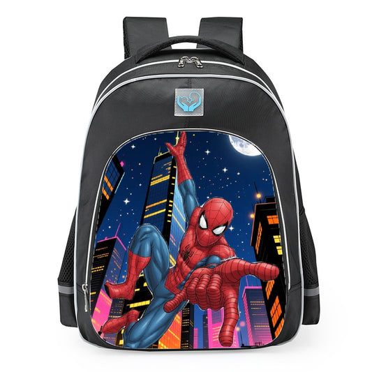 Spider Man Web Swinging Neon City Skyline School Backpack 16inches