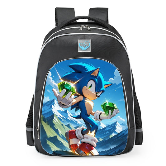 Sonic The Hedgehog Chaos Emeralds Mountain Landscape School Backpack 16inches