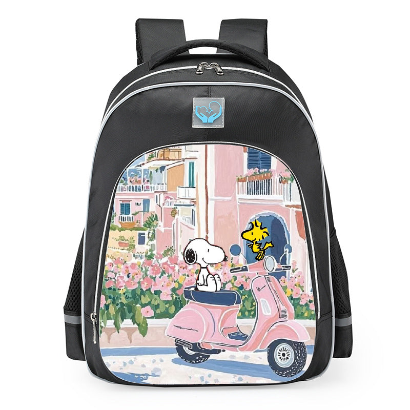 Snoopy Woodstock Pink Scooter Amalfi Coast School Backpack 16inches Black