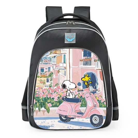 Snoopy Woodstock Pink Scooter Amalfi Coast School Backpack 16inches Black