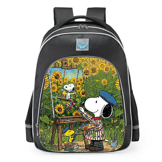 Snoopy Woodstock Artist Easel Sunflower Field School Backpack 16inches Black