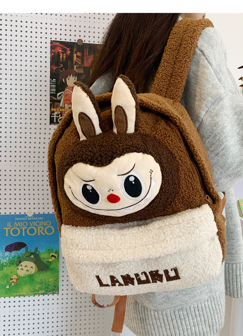 LABUBU Fleece Backpack Brown 30x12x35cm 11.8x4.7x13.8inches
