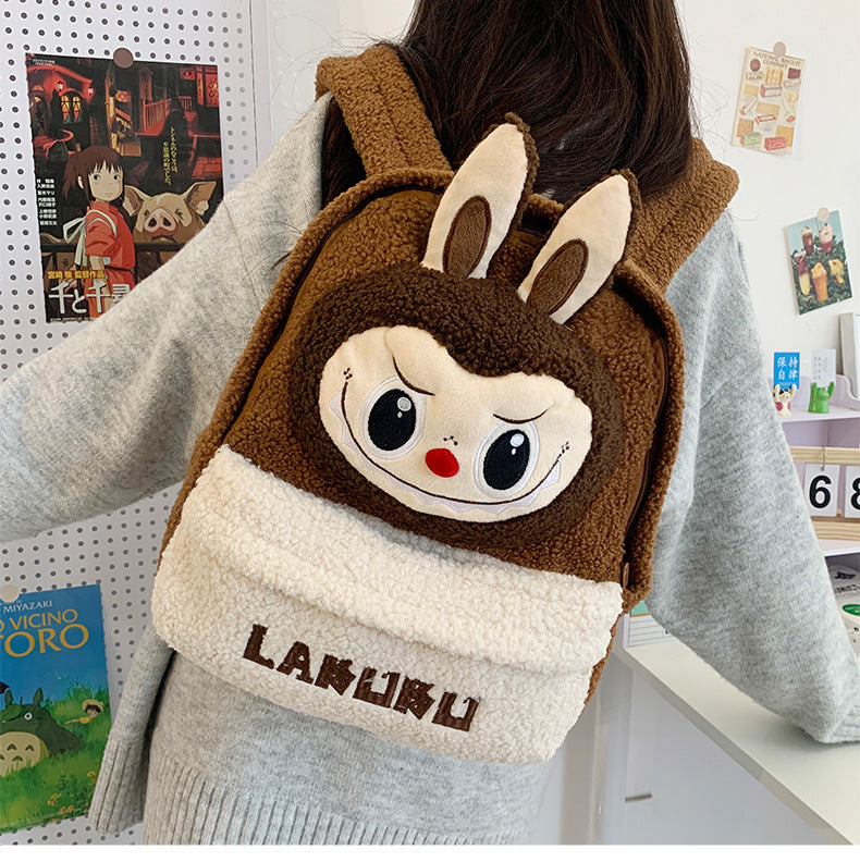 LABUBU Fleece Backpack Brown 30x12x35cm 11.8x4.7x13.8inches