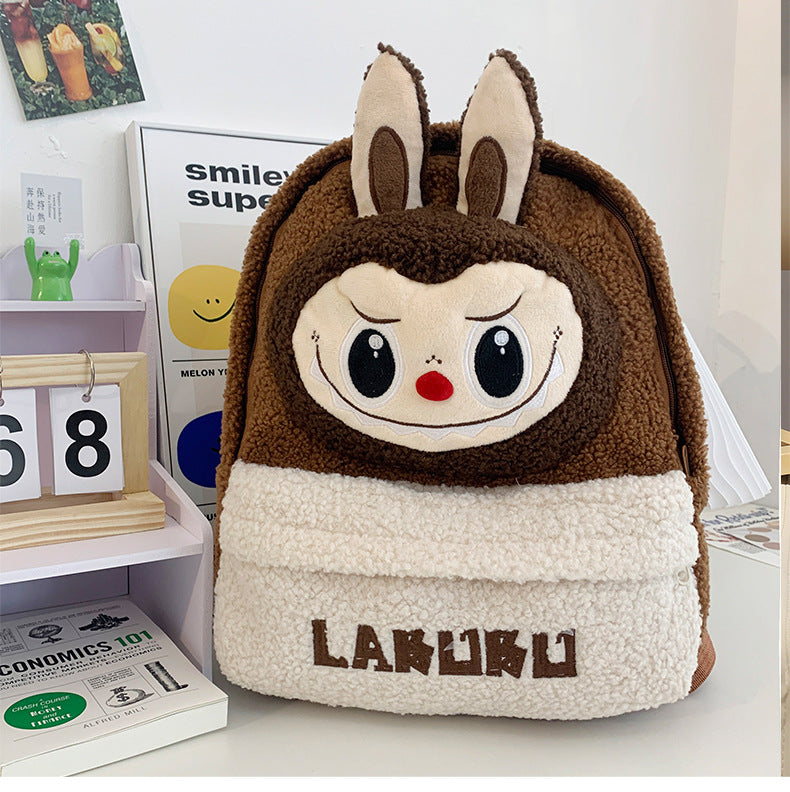 LABUBU Fleece Backpack Brown 30x12x35cm 11.8x4.7x13.8inches