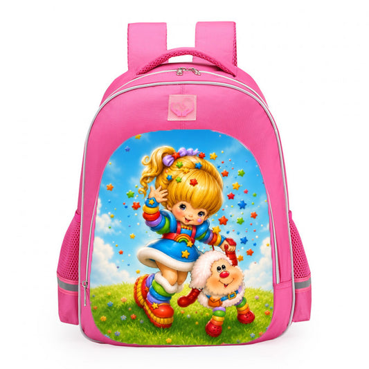 Rainbow Brite And Twink Waving In Colorful Starry Sky School Backpack 16inches Pink