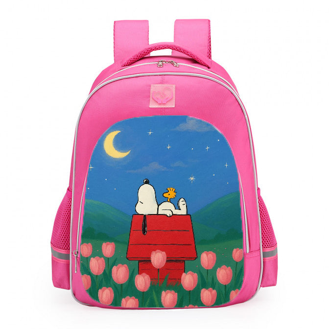 Snoopy Woodstock Red Doghouse Pink Tulip Field School Backpack 16inches Pink