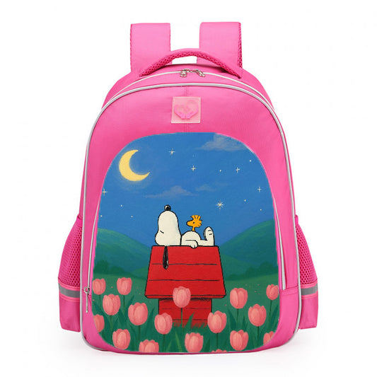 Snoopy Woodstock Red Doghouse Pink Tulip Field School Backpack 16inches Pink