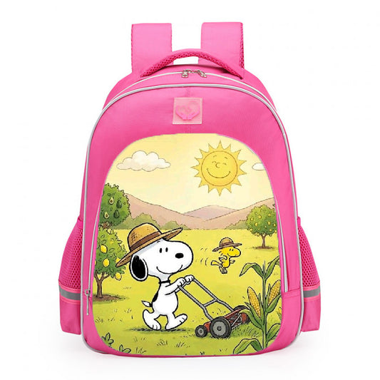 Snoopy Woodstock Lawn Mower Farming Field School Backpack 16inches Pink