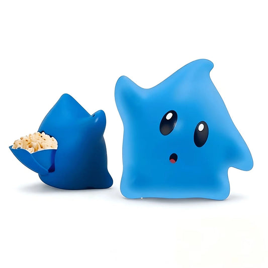 Two blue cartoon-like characters with one holding popcorn on a white background