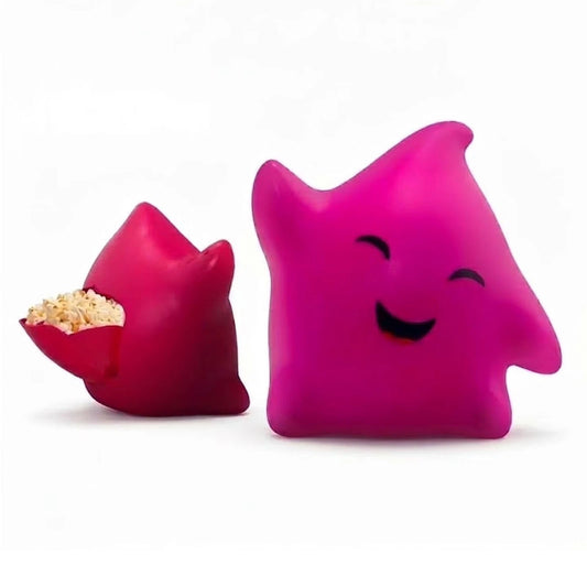 Two pink star-shaped containers with a smiling face on a white background