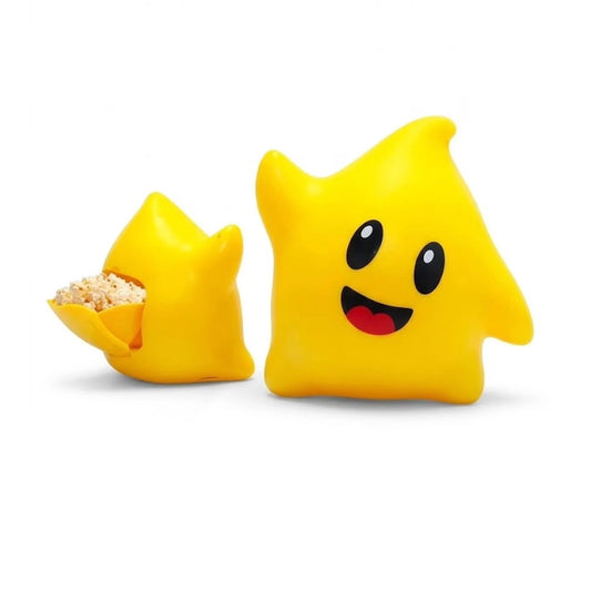 Two yellow star-shaped figures with a smaller one holding Popcorn on a white background